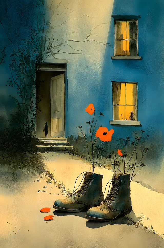 Watercolour of a pair of old work boots by a back door, red poppies growing up out of them.