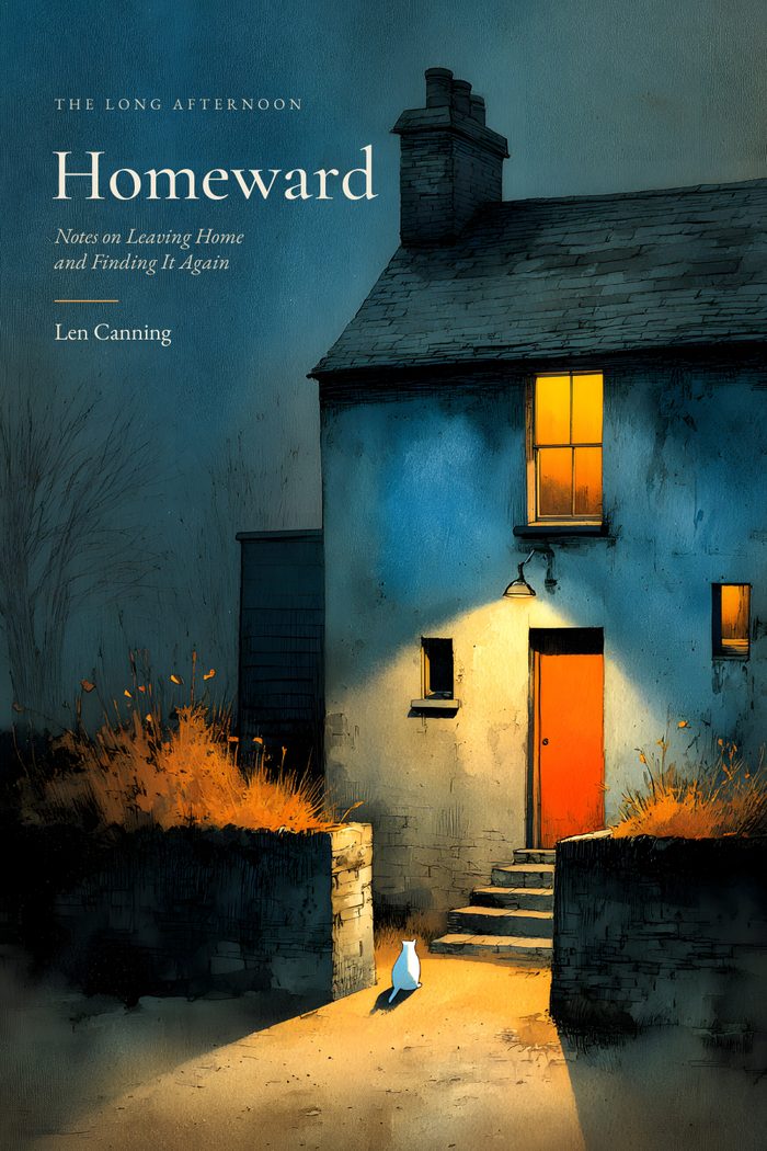 The cover of Homeward: a stone cottage at night with its porch light on and a white cat waiting on the step.