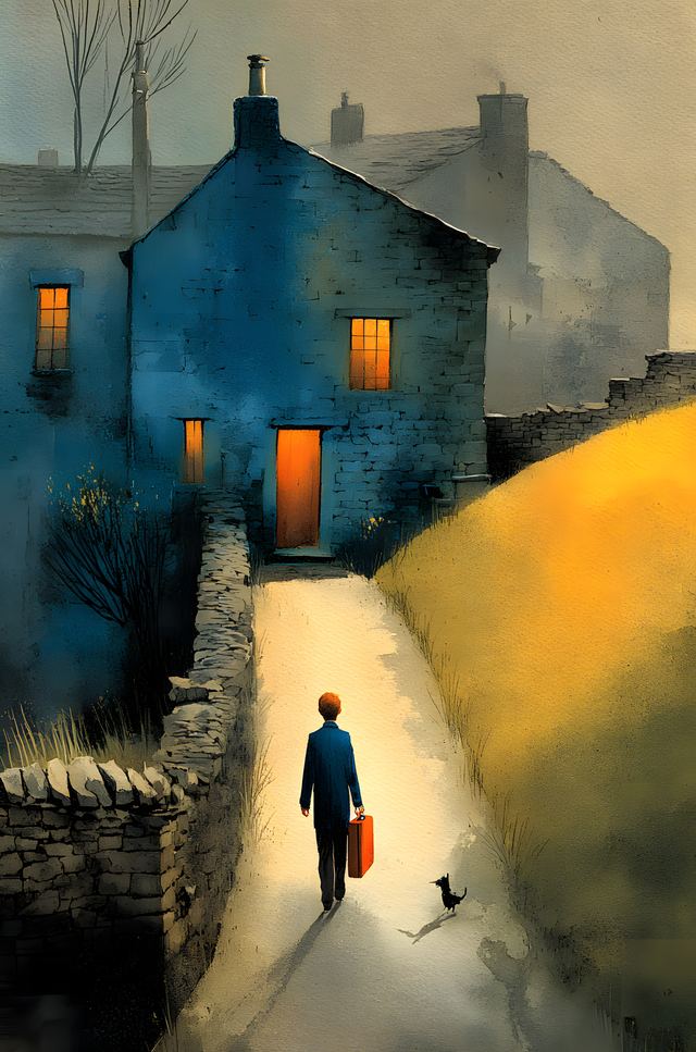 Watercolour of a boy with a red suitcase walking up a lane between stone walls, a small dark cat at his heel.