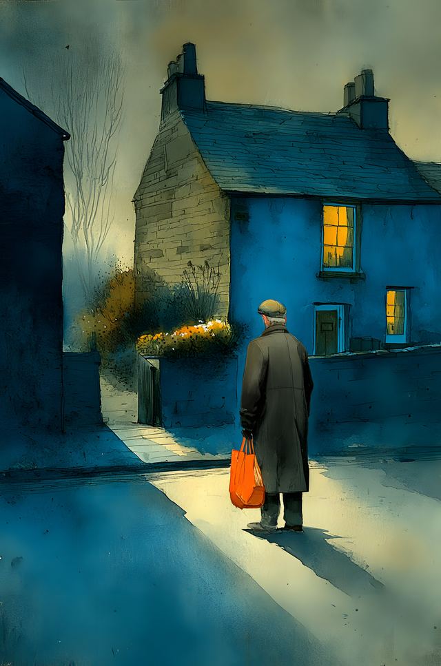 Watercolour of Walt, an elderly man in a flat cap and long brown coat carrying an orange bag, looking at a stone cottage.